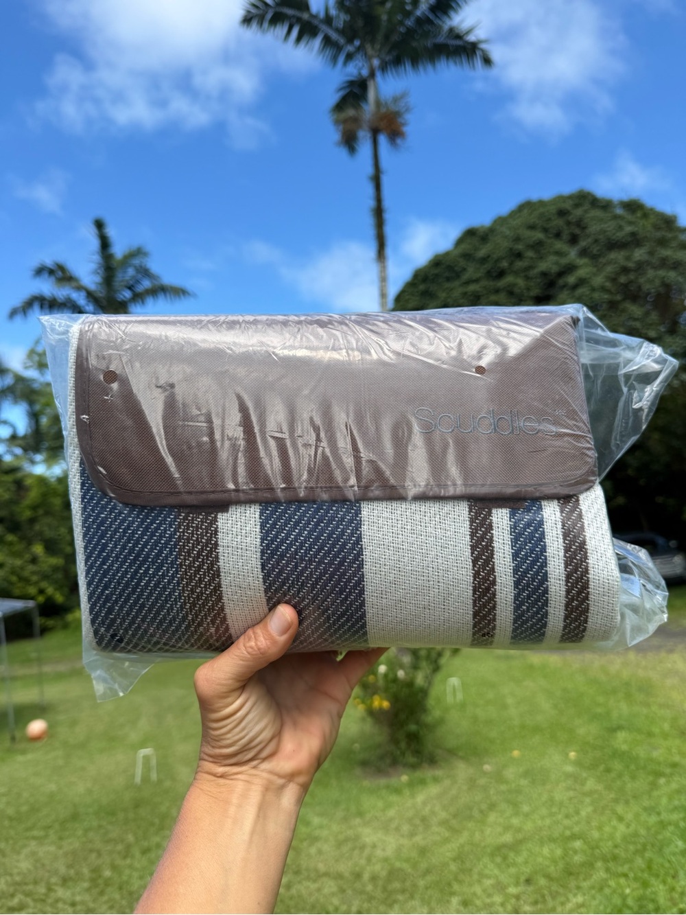Striped Picnic Blanket with Brown Carry Flap